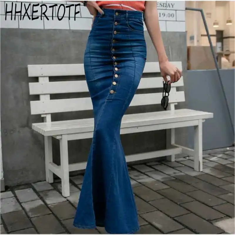 Летние длинные юбки с высокой талией, женская новая модная однобортная Облегающая джинсовая юбка фасона "Русалка" - Цвет: as picture