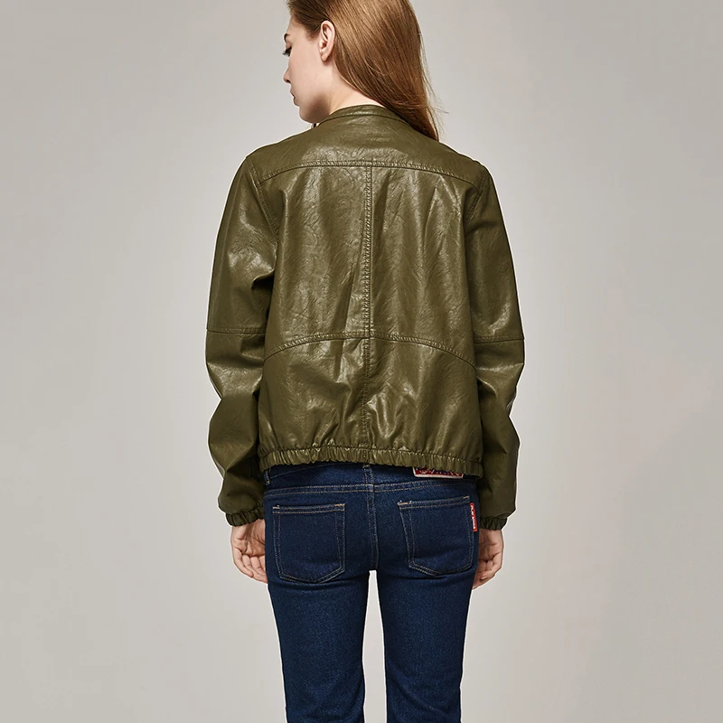 discount ESCALIEA Women's Slim Washed PU Leather Jacket Fashion O-Neck Zipper Bright Colors Coats New Ladies