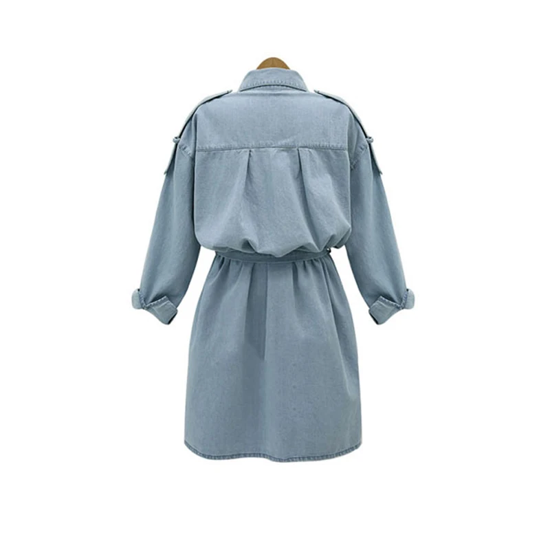 Summer Plus Size Denim Dress For Women Long Sleeves Denim Dresses Turn-Down Collar Slim Buttons Up Blue Jeans Dresses For Women