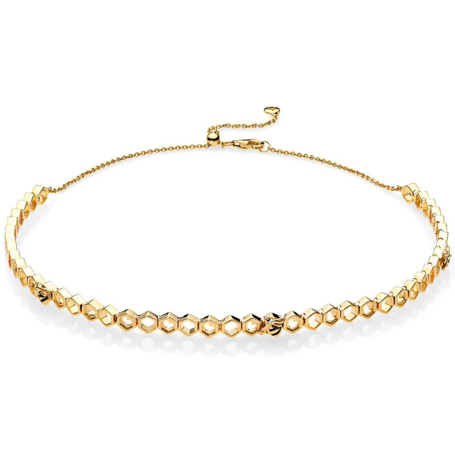

925 Sterling Silver Necklace Gold Color Honeycomb Shape Shine Honeybee Choker Necklace For Women Wedding Gift Diy Jewelry
