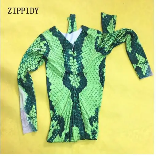 

Fashion Sexy Green Snake Striae Printed Jumpsuit Skinny Costume Female Singer Nigjtclub Party Show Celebrate Unique Stretch