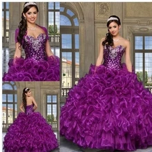 Горячая распродажа пышное платье фиолетовый органзы с куртка бальное платье на заказ бисером кристалл оборками Vestidos 15 Anos Q1014