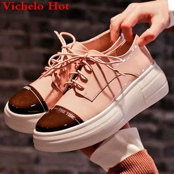 

Large size cow patent leather flat platform lace up sneakers mixed colors round toe sneakers Spring brand vulcanized shoes L1f5