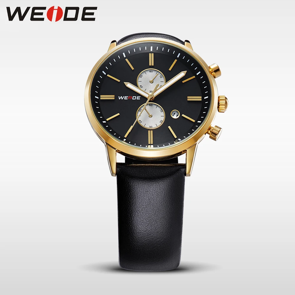 WEIDE Brand Business Casual Black Gold Watch Men Genuine Leather Strap Japan Quartz Movement Calendar 3ATM Waterproof Wristwatch