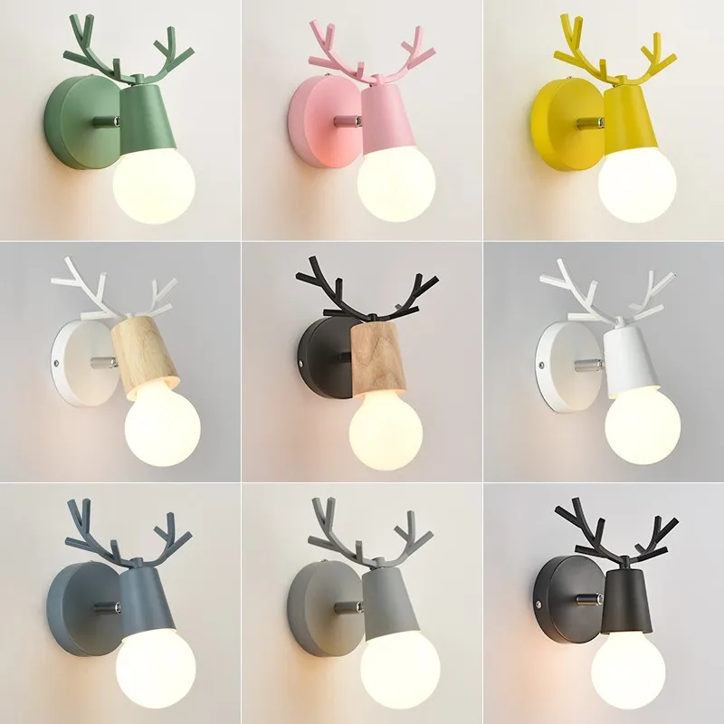 

Nordic Adjustable LED Wall Lights colorful cartoon Deer Antlers Bedroom Reading Sconce Wall Mounted Children room Lighting E27