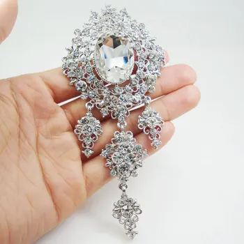 

Bride Fashion Flowers Cluster Hollow Drop Brooch Pin Clear Rhinestones Crystal