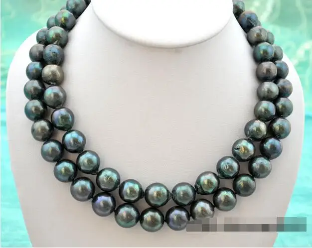 

FREE SHIPPING HOT sell new Style >>>> Rare huge 2row 17.5" 12mm round black reborn keshi pearl necklace