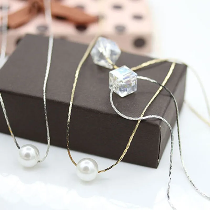 

Trendy Square Crystal Pendant Necklace Simulated Pearl Necklaces Women Holiday Beach Gold/Silver Choker minimalist jewelry J40