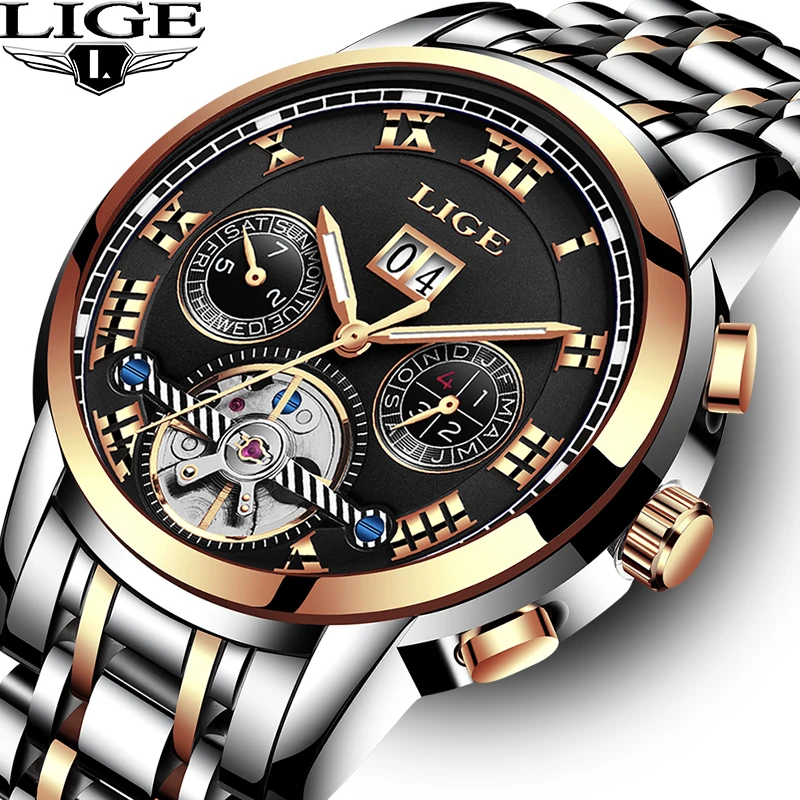 

LIGE brand Watch Men Luxury Automatic Mechanical Watch Men Rose Gold Stainless Steel Clock Business Watches Relogio Masculino