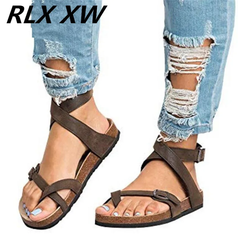 

2019 New Summer Flats Womens Cross Toe Double Buckle Strap Summer Leather Flat Flip Flops Mujer Sandals XWZ5159