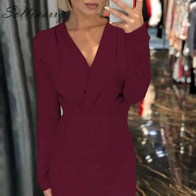 

Sollinarry Long Sleeve Bodycon Sexy Dress Women High Waist Party Autumn V Neck Midi Dress Ladies Solid Color Winter Dresses