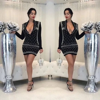 

2018 Elegant Black Long Sleeve Bodycon Deep V Neck Summer New Beading Cotton Dress Sexy Women Mini Club Celebrity Patchwork