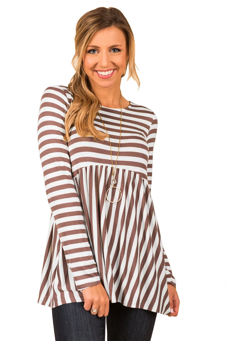 Gladiolus 2018 Striped T Shirt Women O-Neck Long Sleeve Loose Casual Women T-Shirt Autumn Coffee Navy Blue Ladies Tee Shirts Top (11)
