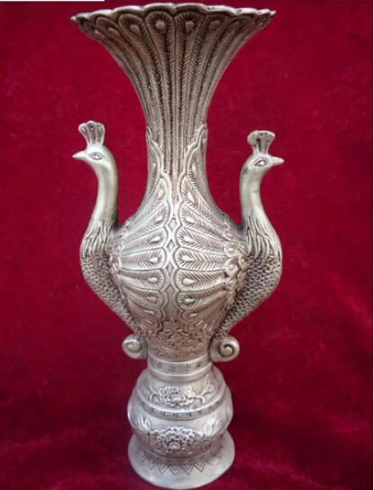 

Very rare Chinese art collectible Ming Dynasty Silver peacock statue vintage vase copper tools wedding Decoration Brass Bronze