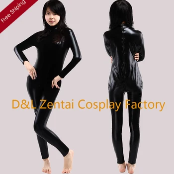 

Free Shipping DHL Sexy Black Shiny Metallic Unisex Catsuit Zipper in Back SM1251