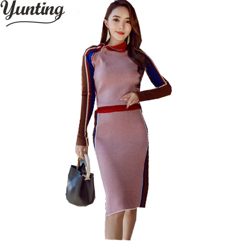 

2019 Women 2PCS Skirt Set Knitting Zipper Turtleneck Collar Sweaters and Package Hip Split Knee Length Skirt Suit