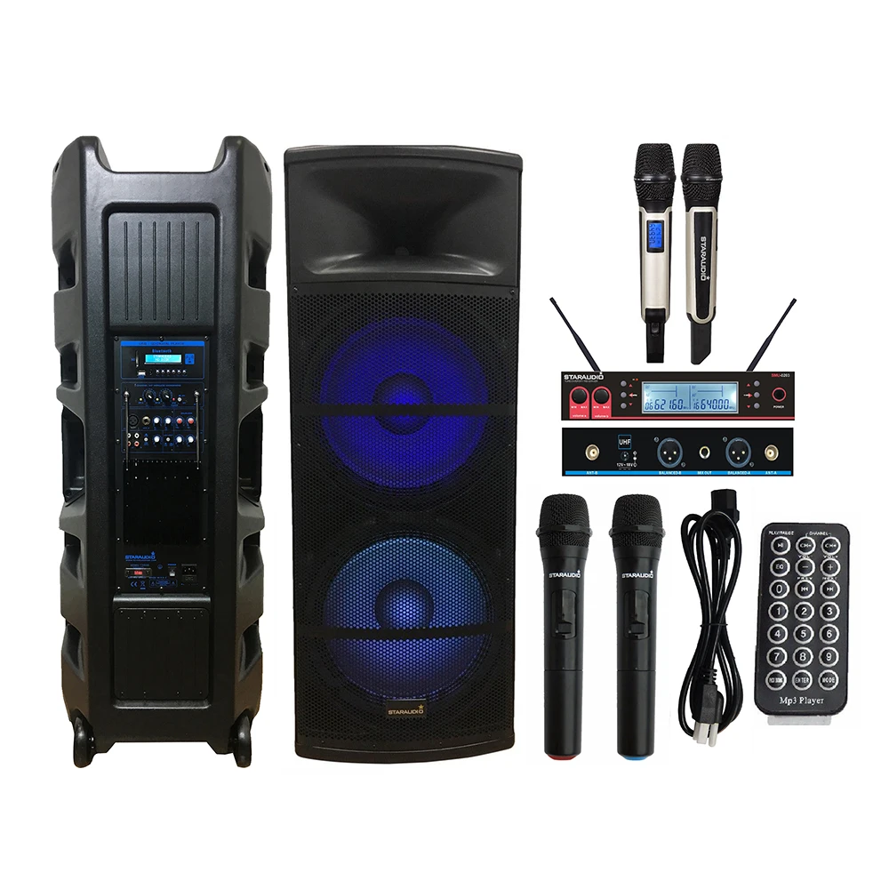 

STARAUDIO 5000W Dual 15" Active Powered RGB Light Speaker Audio DJ PA Speaker 2CH UHF Wireless Handheld Microphone SDMN-15RGB