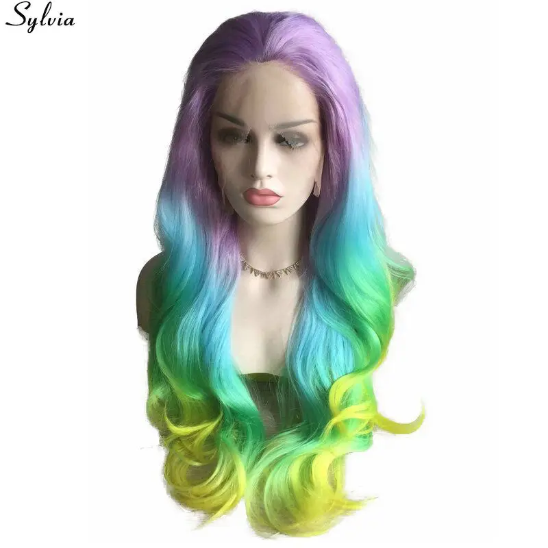 Sylvia парик цвета радуги фиолетовый/синий/зеленый/желтый цвет волос волнистые синтетические парики на кружеве для женщин Косплей парики для королевы Драконов