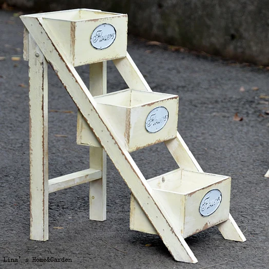 3 tier ladder style foldable shabby off-white wood flower stand designs (7)