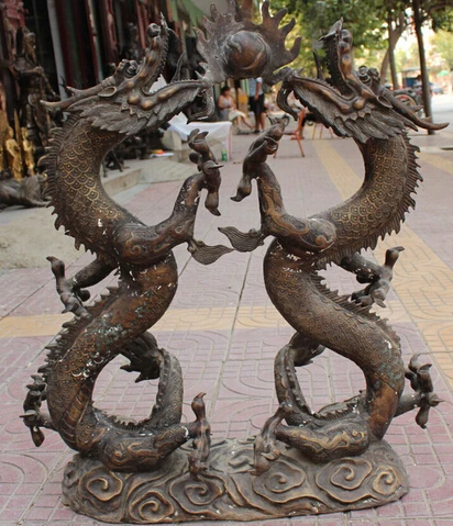 

0 32" Vintage Huge Chinese Bronze Animal Emperor Royalty 2 Dragon Play Ball States