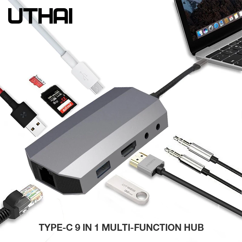 UTHAI J10 тип-c 9в1 концентратор мульти USB3.0 HDMI адаптер док-станция для MacBook Pro Аксессуары тип-c 3,1 сплиттер 3 порта USB C кардридер