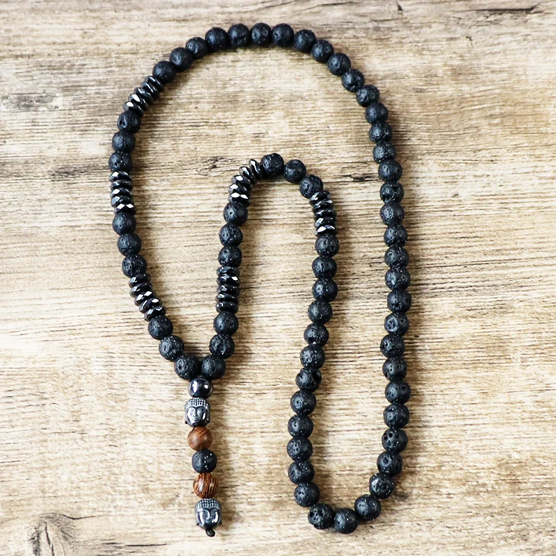 

Unisex Vintage Jewelry Wood Beads Black Lava Mala Stone with Black Men's Hematite Buddha Pendant Rosary Necklace
