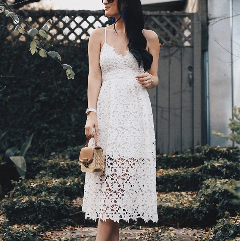 

Mid-Calf Sleeveless White Dress Women Summer New Flower Lace Dress Boho Beach Party Dresses