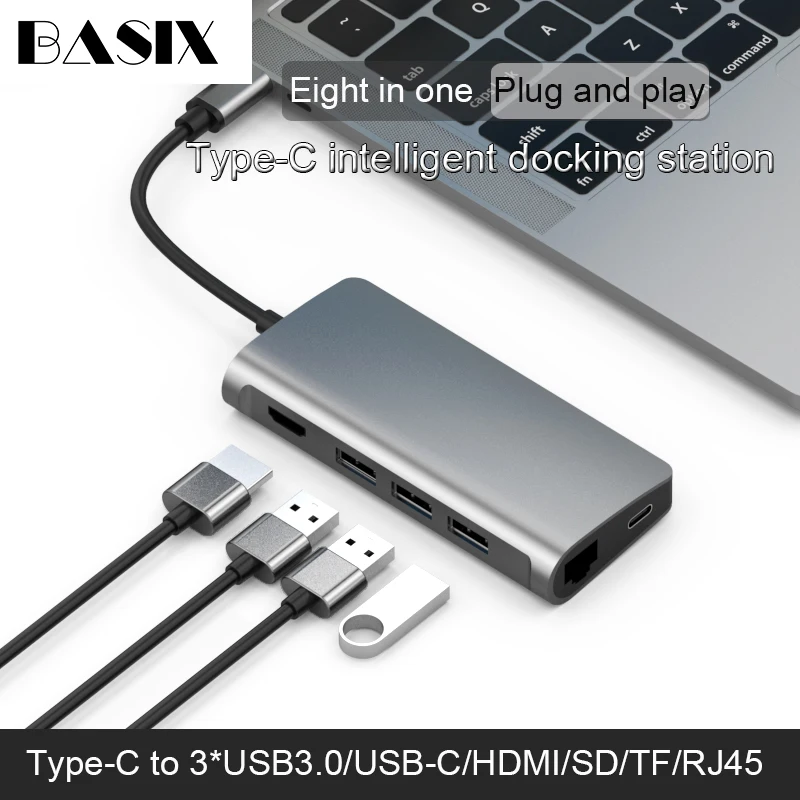 Basix USB C концентратор USB 3,1 type C к HDMI/USB 3,0/RJ45/SD/TF/PD адаптер для Macbook Pro huawei P20 samsung S8 type-c концентратор