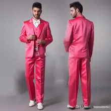 Изготовленный На Заказ ярко-розовый парадный смокинг жениха лучшие мужские костюмы шафер жених свадебное платье(куртка+ брюки+ жилет+ галстук