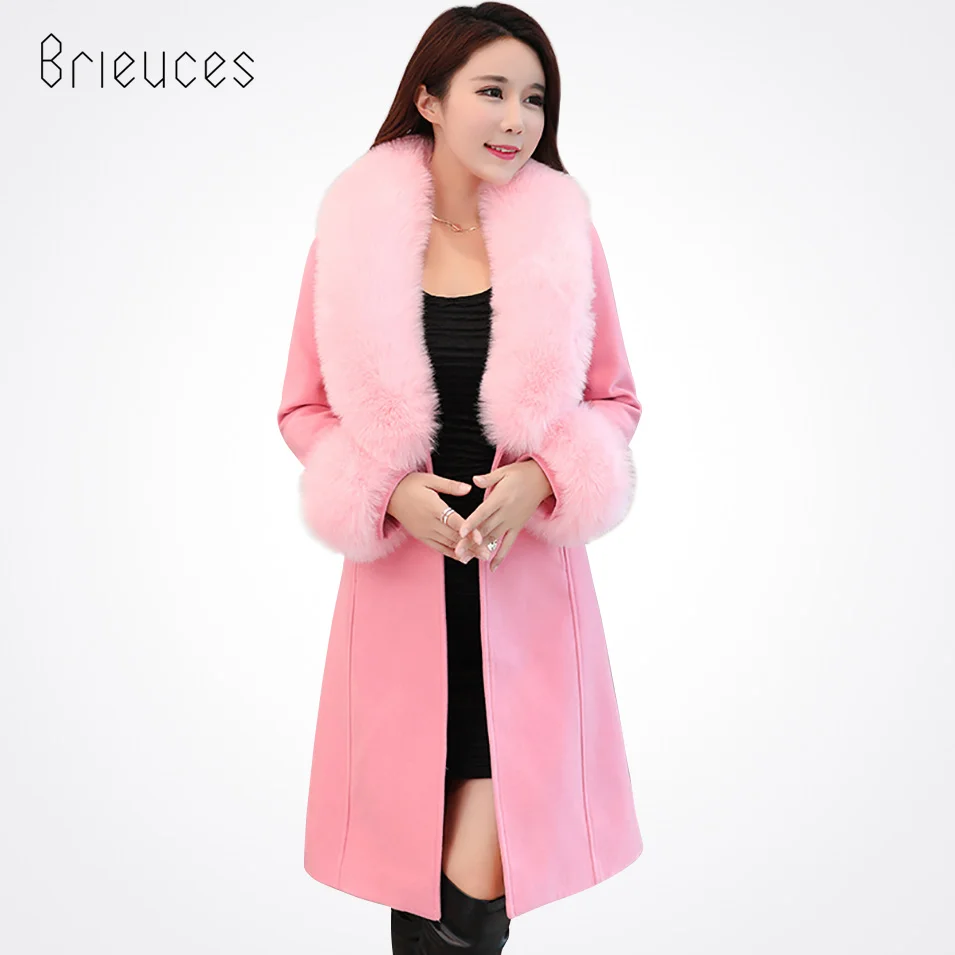 Brieuces 2017 winter coat women new medium-long female overcoat sashes fur collar hooded women's wool warm lovely outerwear | Женская
