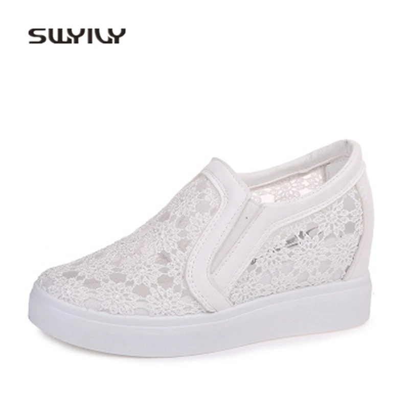SWYIVY Women Walking Shoes Lace Breathable Wedged 2018 Summer Anti-Slip Soft Height Increasing 6cm Female Shoes Comfortable
