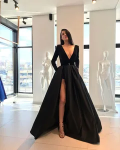 Long Black Evening Dresses Sexy High Slit V-neck Long Sleeve Arabic Style Women Formal Evening Gown