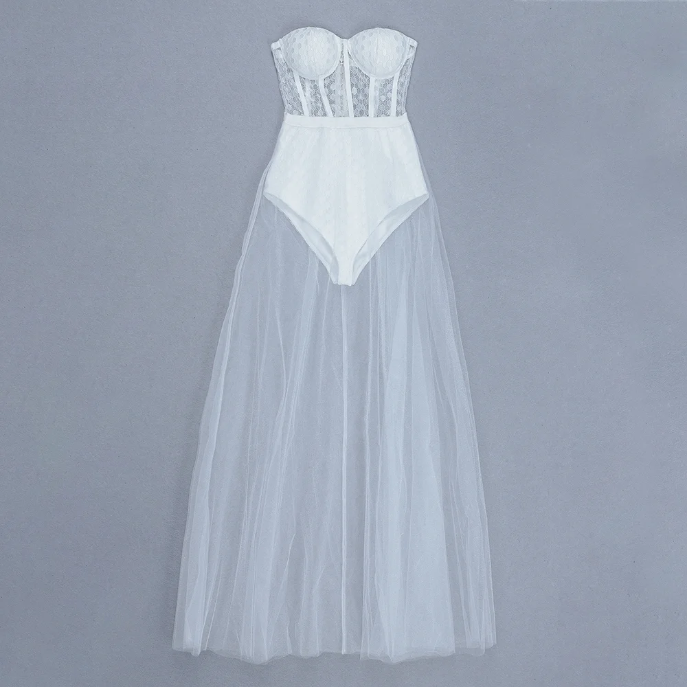 Новое летнее Сетчатое Белое Женское платье без бретелек сексуальное Макси платье знаменитостей Vestidos облегающее Бандажное платье