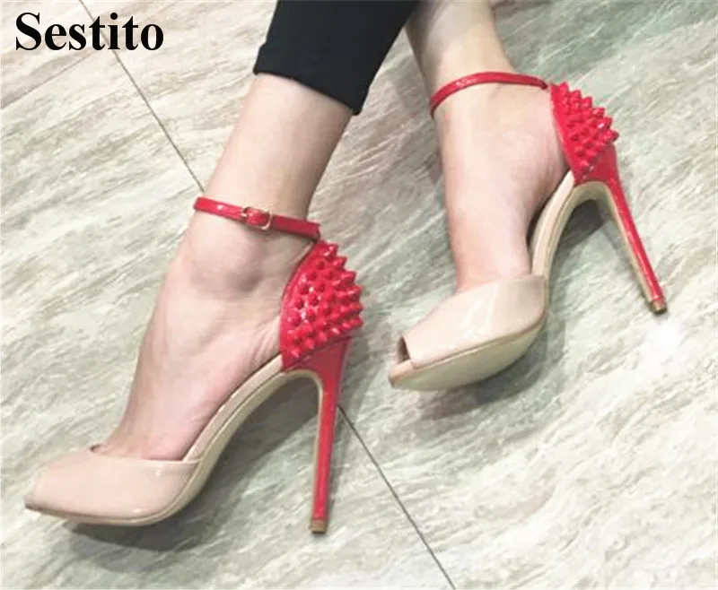 

Women Sweet Mixed Colors Peep Toe Buckle Strap Sandals Summer Sexy Super High Thin Heels Rivet Cover Heel Basic Dress Shoes