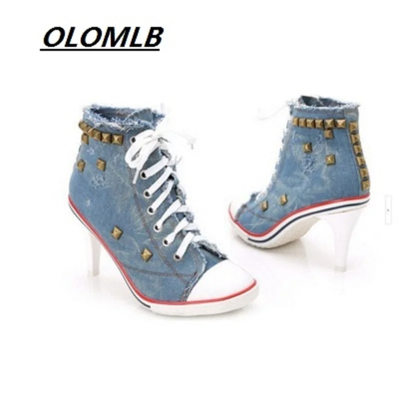 

Women's canvas shoes denim high heel rivets shoes fashion wild sexy banquet high heels with lace