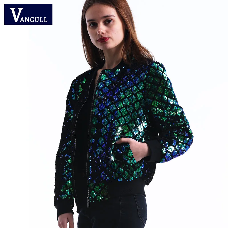 Vangull New Spring Autumn Women Sequin Coat Green Bomber Jacket Long Sleeve Zipper Streetwear Jacket Preppy Casual Basic Coat