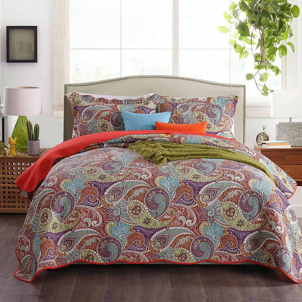 

CHAUSUB Quality Bedspread Quilt Set 3pcs Vintage Printed Cotton Quilts Quilted Coverlet Bed Cover Pillowcase King Queen Size