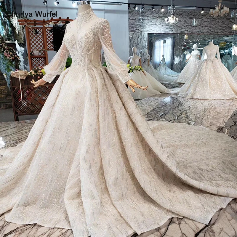 HTL315 Роскошная свадебная одежда высокого качества Хрусталь Ручной Работы свадебное платье для девочек с высоким вырезом и длинными рукавами robe de mariee