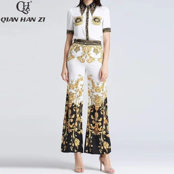 

Qian Han Zi newest Designer Fashion Vintage two Piece Set Lapel Beading tops and blouses+printed trumpet full length pants set