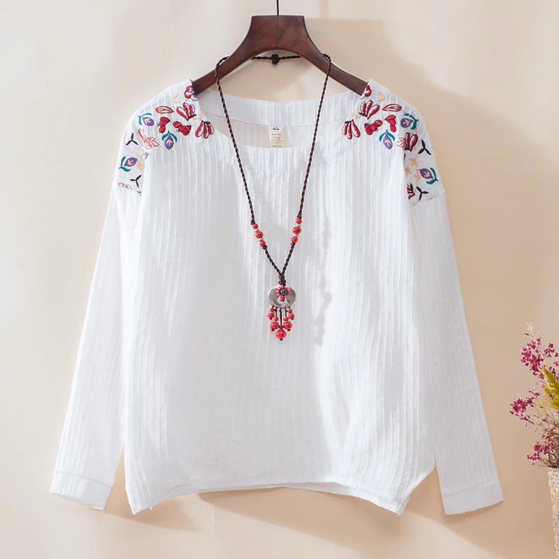 

Floral Embroidery Summer T-Shirt Retro Women Fashion High Cotton Tees Autumn Tops Casual Stretch Knitwear long Sleeve Punk Tees