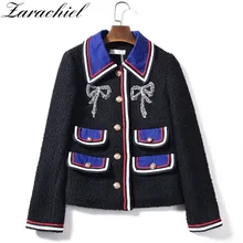 Женская винтажная куртка с бантом и блестками, элегантное теплое однобортное пальто из твида, с металлической пряжкой, зимняя верхняя одежда