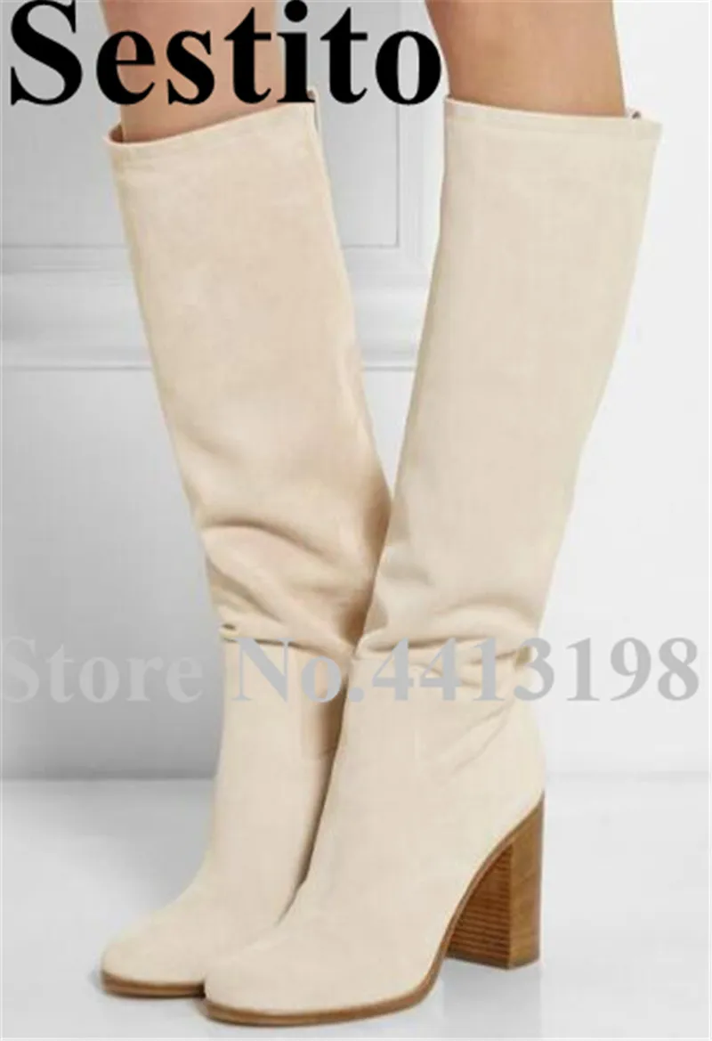 

2019 European Concise Flock Woman Boots Mid-Calf Boots Pointed Toe Hoof Heels Med Heels Long Boots Women Shoes Spring/Autumn