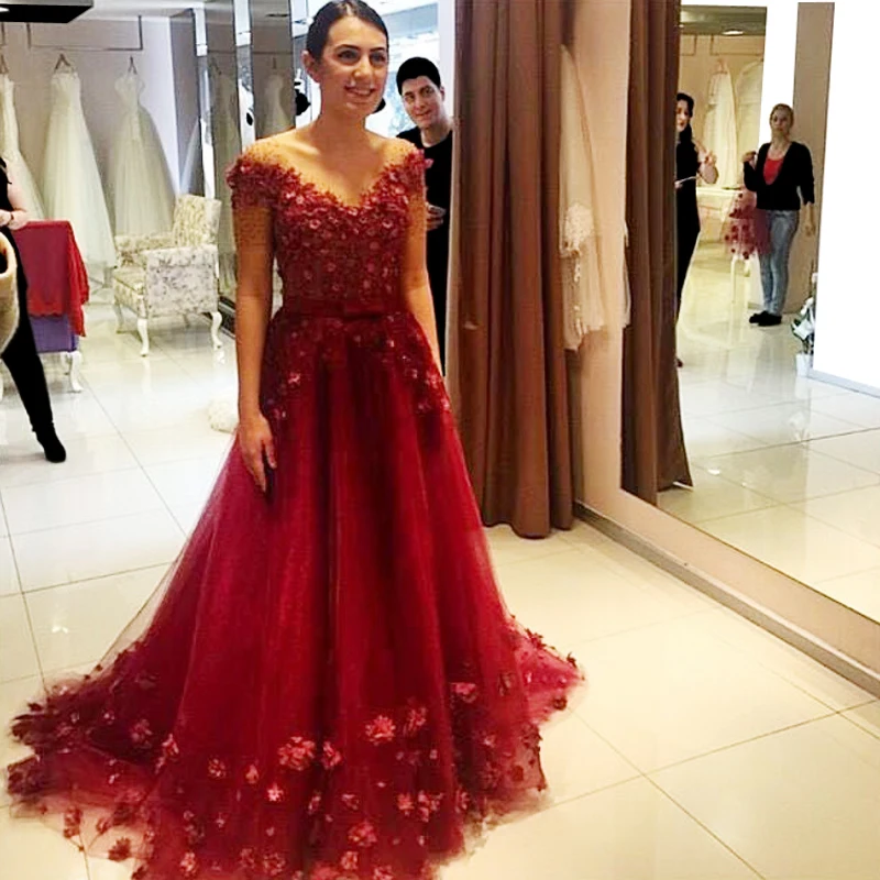 red flower prom dress