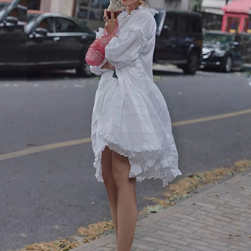 [EAM] Новое весенне-летнее Плиссированное Свободное платье с v-образным вырезом, рукавом три четверти, с белыми оборками, Женская мода JX769