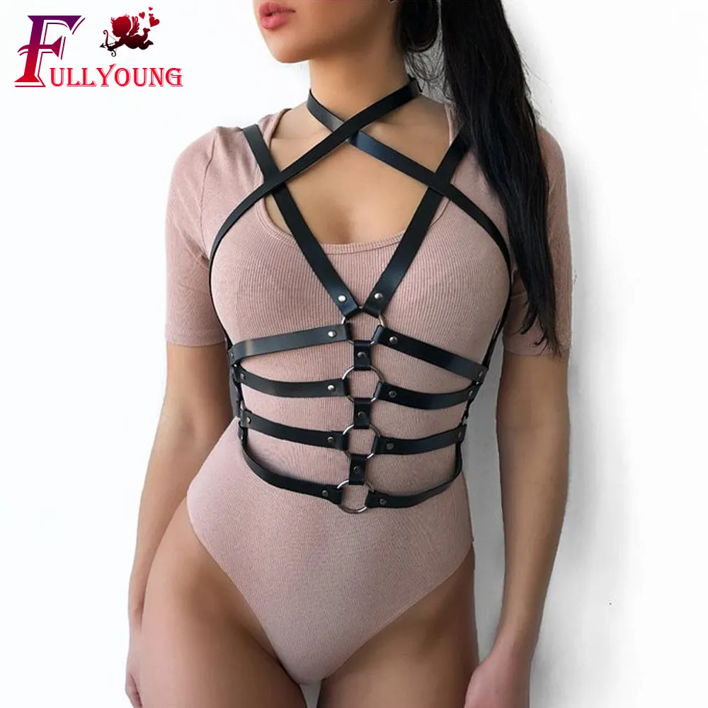 

Fullyoung Fashion Leather Harness Bra Garters For Women Sexy Lingerie Bust Garter Belt Harness PU Leather Sexy Erotic Belt
