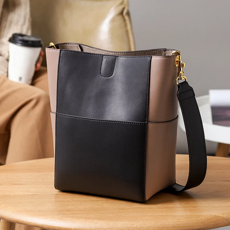 

WOONAM Women Fashion Bag Top Hide Genuine Calf Leather Color Patched Bucket Shoulder Handbag WB749