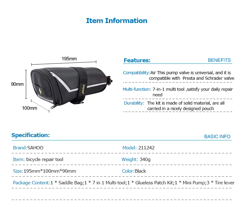 Sahoo 211242 многофункциональный 7 в 1 Набор инструментов для ремонта велосипедного велосипеда с сумкой для седла, пневмонасос, рычаг для шин, без клея, патч
