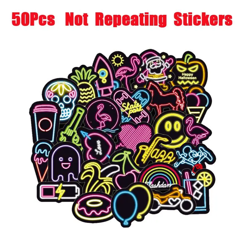 

50/100 Neon Light Sticker Anime Icon Animal Cute Decals Stickers Gifts for Children to Laptop Suitcase Guitar Fridge Bicycle Car