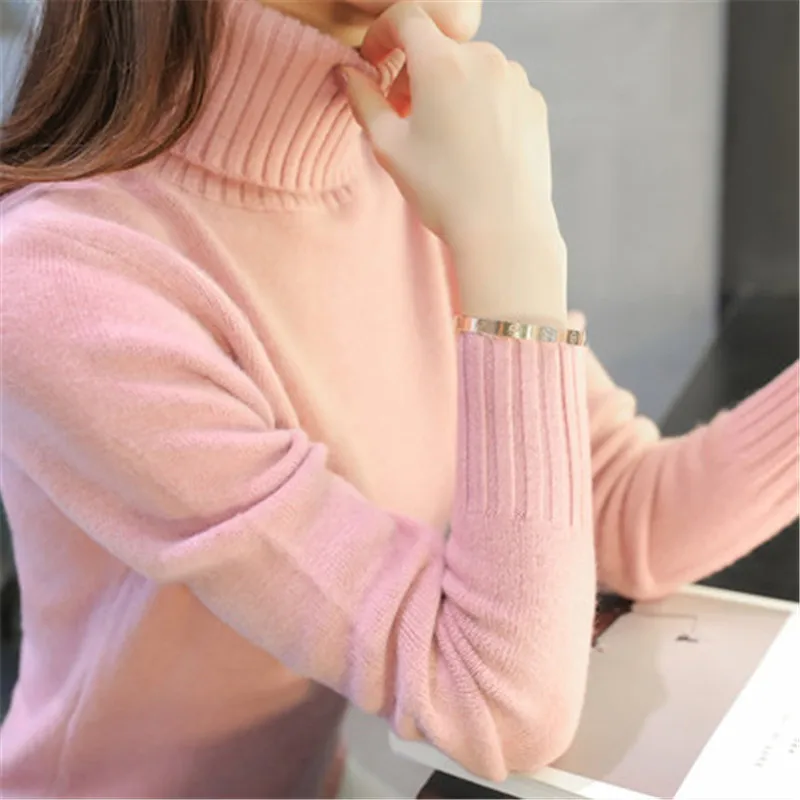 Новинка, осенне-зимние женские вязаные свитера, пуловеры, водолазка с длинным рукавом, Одноцветный тонкий эластичный короткий свитер для женщин - Цвет: Розовый