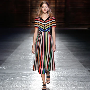 

Chic O-neck color stripe dress 2019 summer runways elegant pleated dress A555